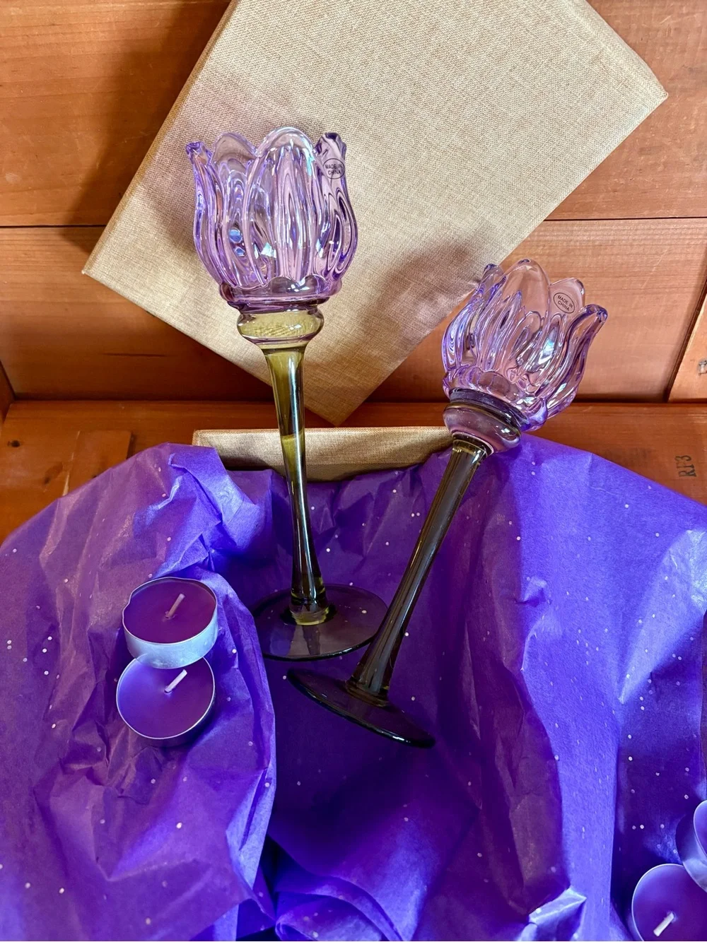 Glass Purple Tulip Tea-Light Candle Holders Set Floral Scalloped Candlesticks
